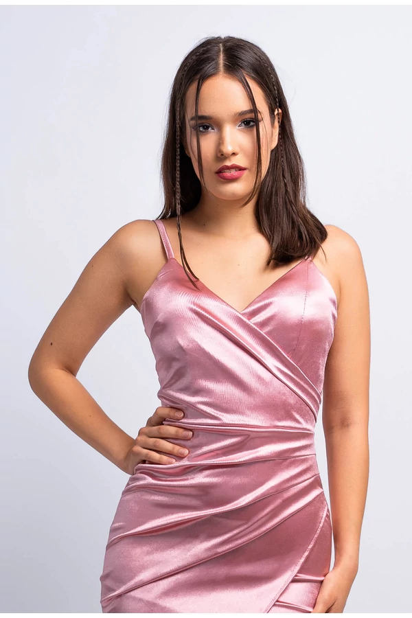 Linda fényes átlapolt felsliccelt szatén koktélruha, rosegold