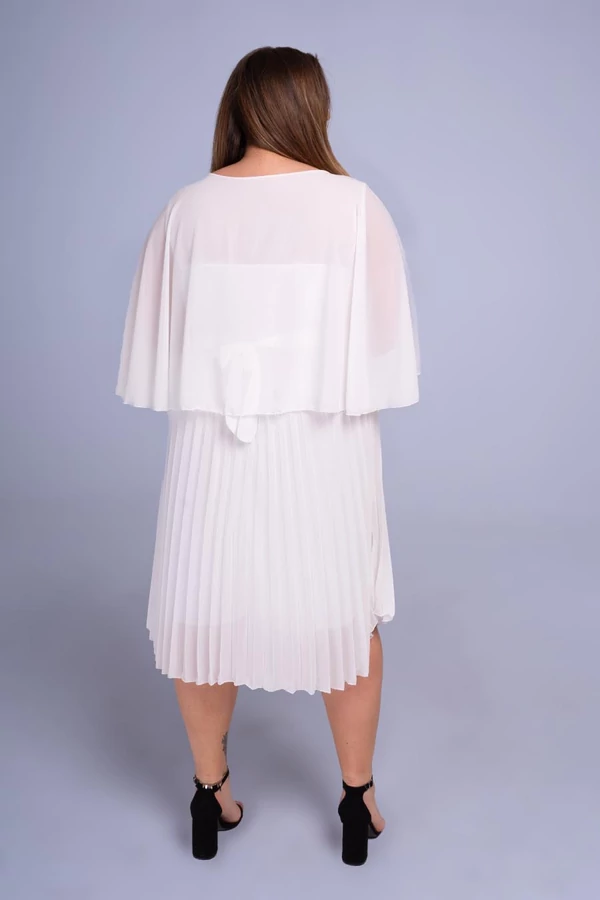 Helga pliszírozott pelerines midi plus size muszlin menyasszonyi ruha, fehér