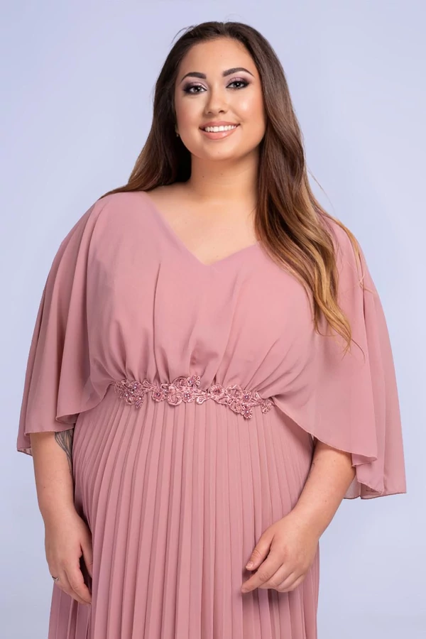 Helga pliszírozott pelerines midi plus size muszlin alkalmi ruha, mályva