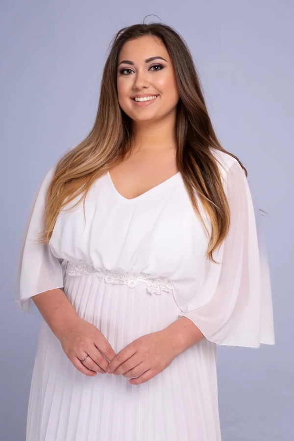 Helga pliszírozott pelerines midi plus size muszlin menyasszonyi ruha, fehér