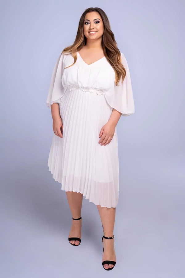 Helga pliszírozott pelerines midi plus size muszlin menyasszonyi ruha, fehér