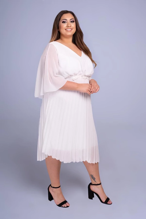 Helga pliszírozott pelerines midi plus size muszlin menyasszonyi ruha, fehér