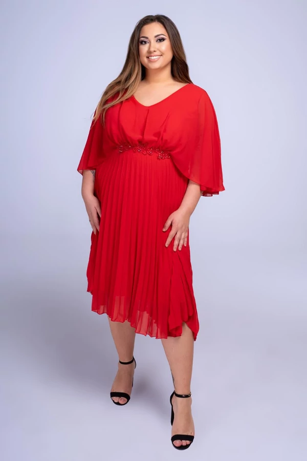 Helga pliszírozott pelerines midi plus size muszlin menyecske ruha, piros