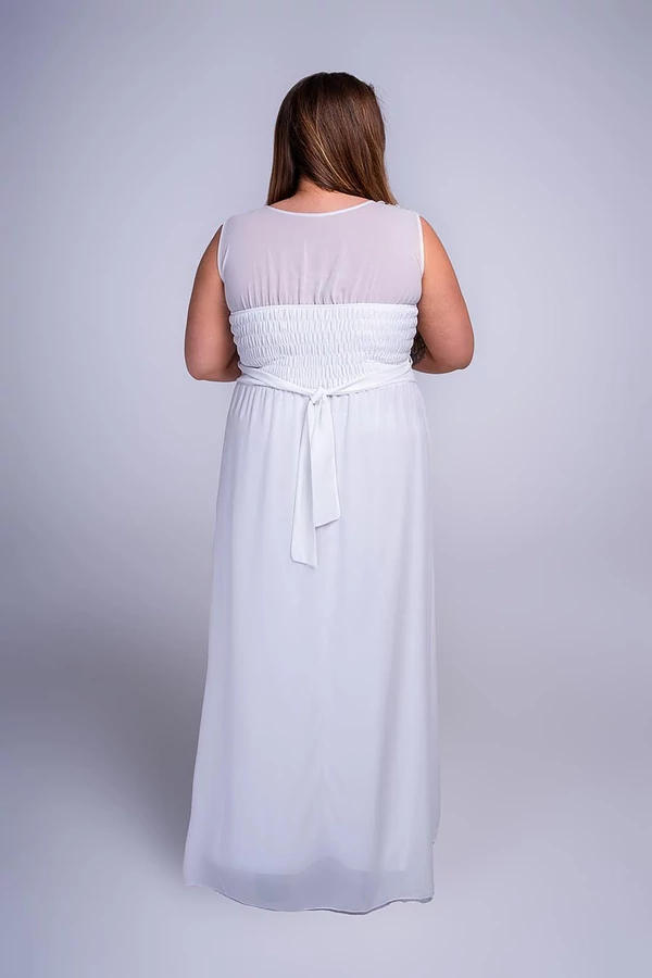 Lidia csipkés gyöngyös dekoltált plus size muszlin menyasszonyi ruha, fehér